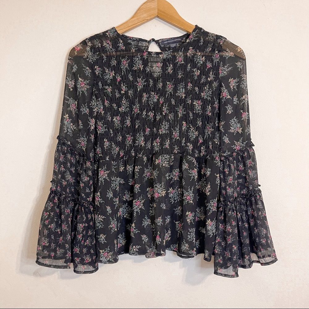 American Eagle Black Sheer Floral Boho Ruffle‎ Blouse Size XS